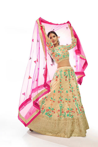 Cream art silk lehenga choli with dupatta