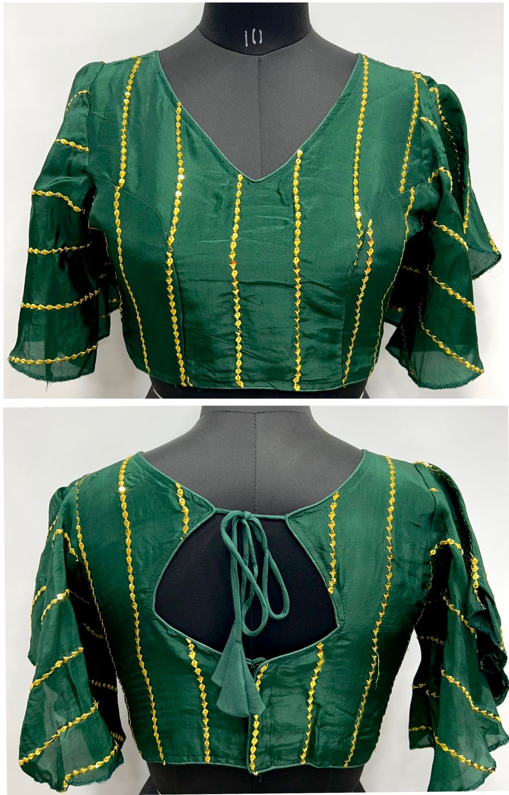 Bottle green color silk sequins work blouse 