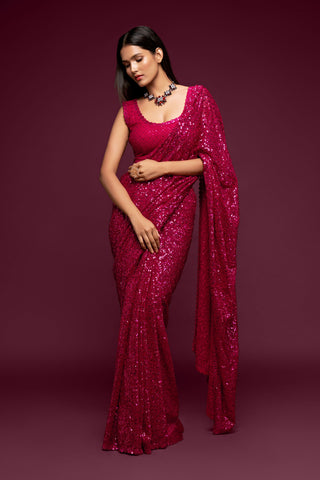 pink ready to wear sequins saree for party