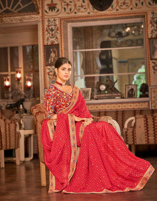 Red sequin Saree with Black Blouse