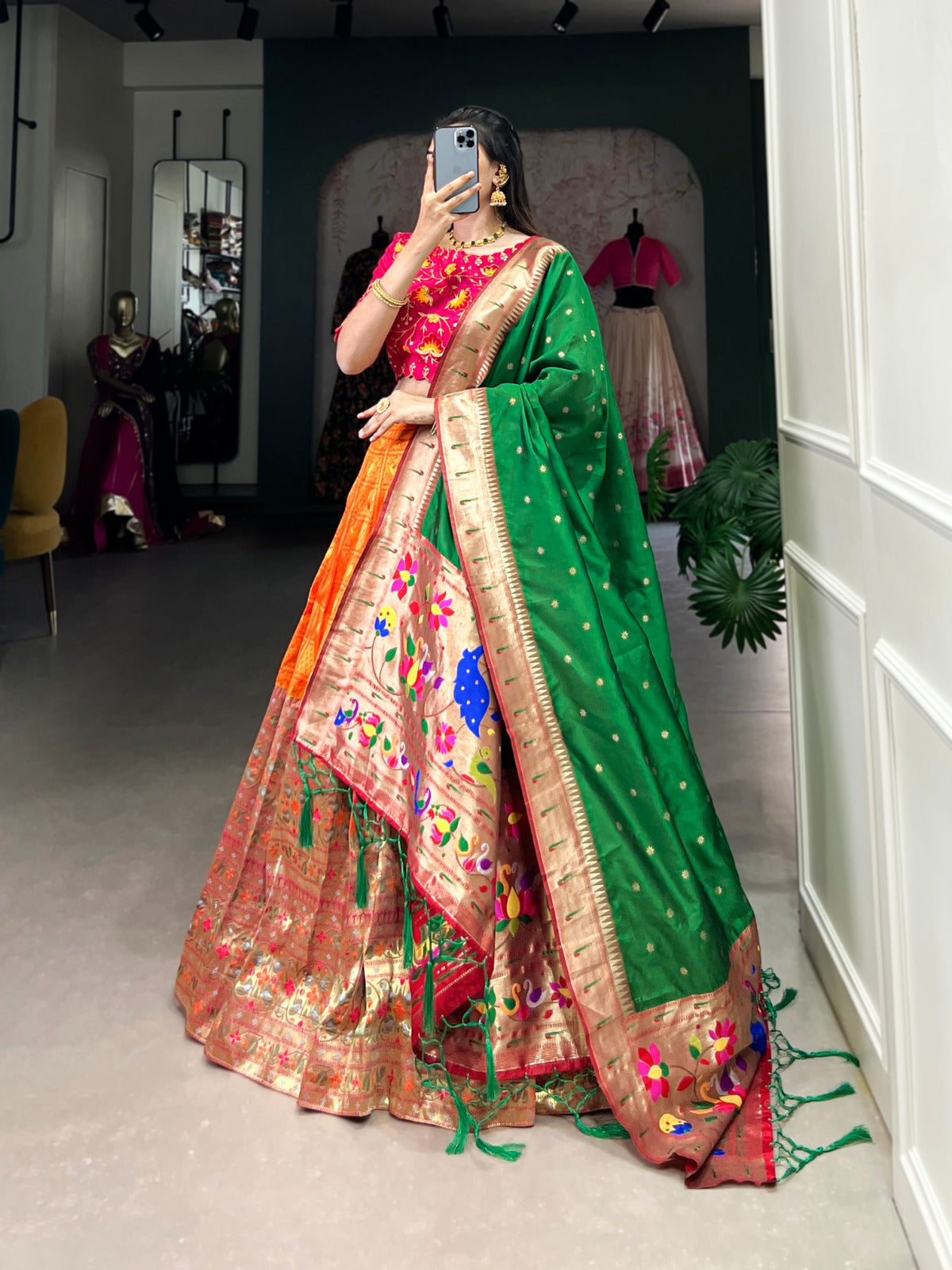 Orange jacquard lehenga choli online
