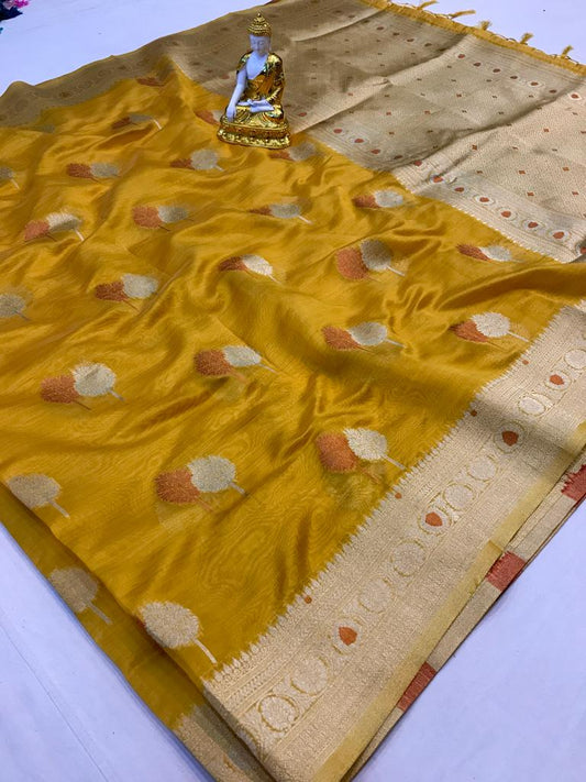Mustard color organza silk saree for women