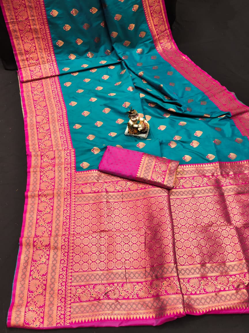 Rama color banarasi silk saree for women