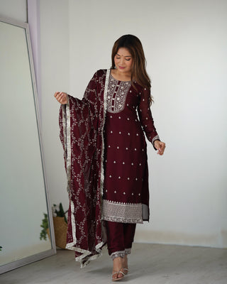 Women maroon silk top and pant with dupatta
