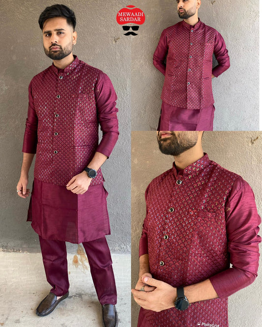 Wine Colour Kurta Pajama With Jacket
