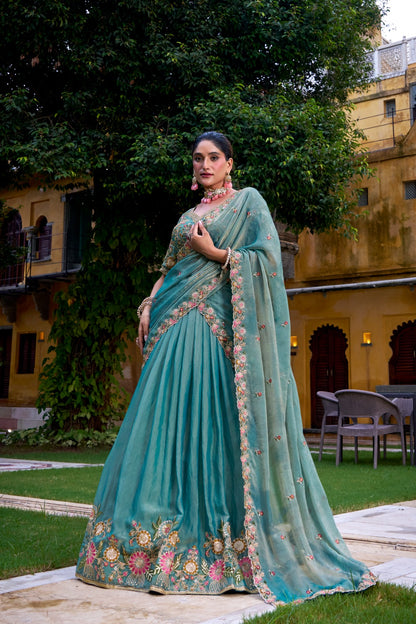Sea Blue Zari Shimmer Readymade Party Lehenga Choli
