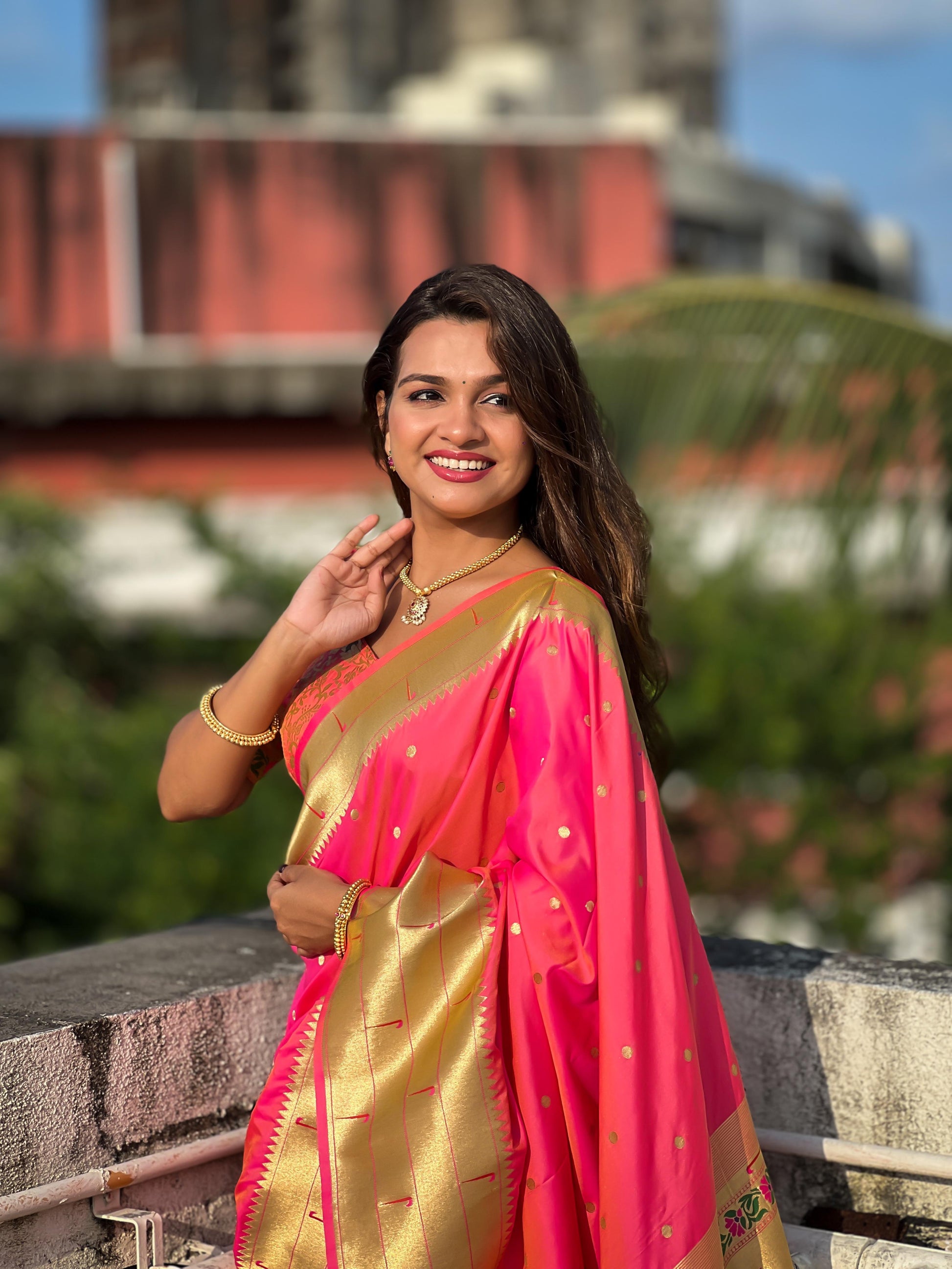 Light pink color paithani silk saree for women
