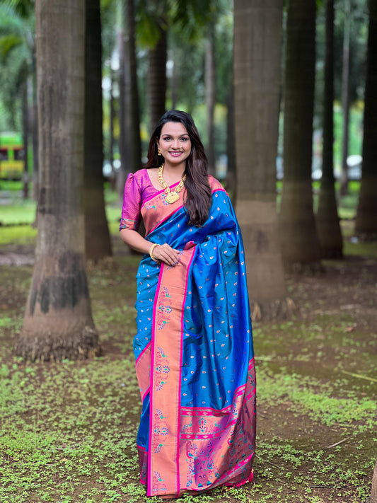 Pure blue color paithani silk saree for women
