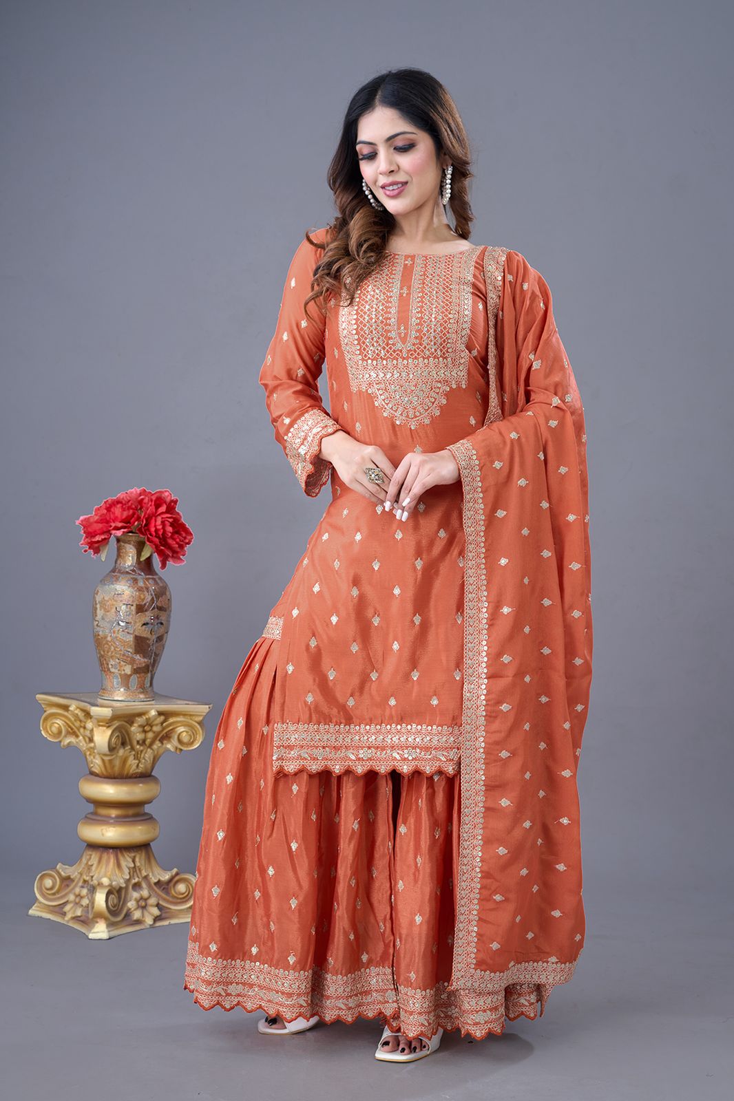 Orange color chinon silk sharara suit for women