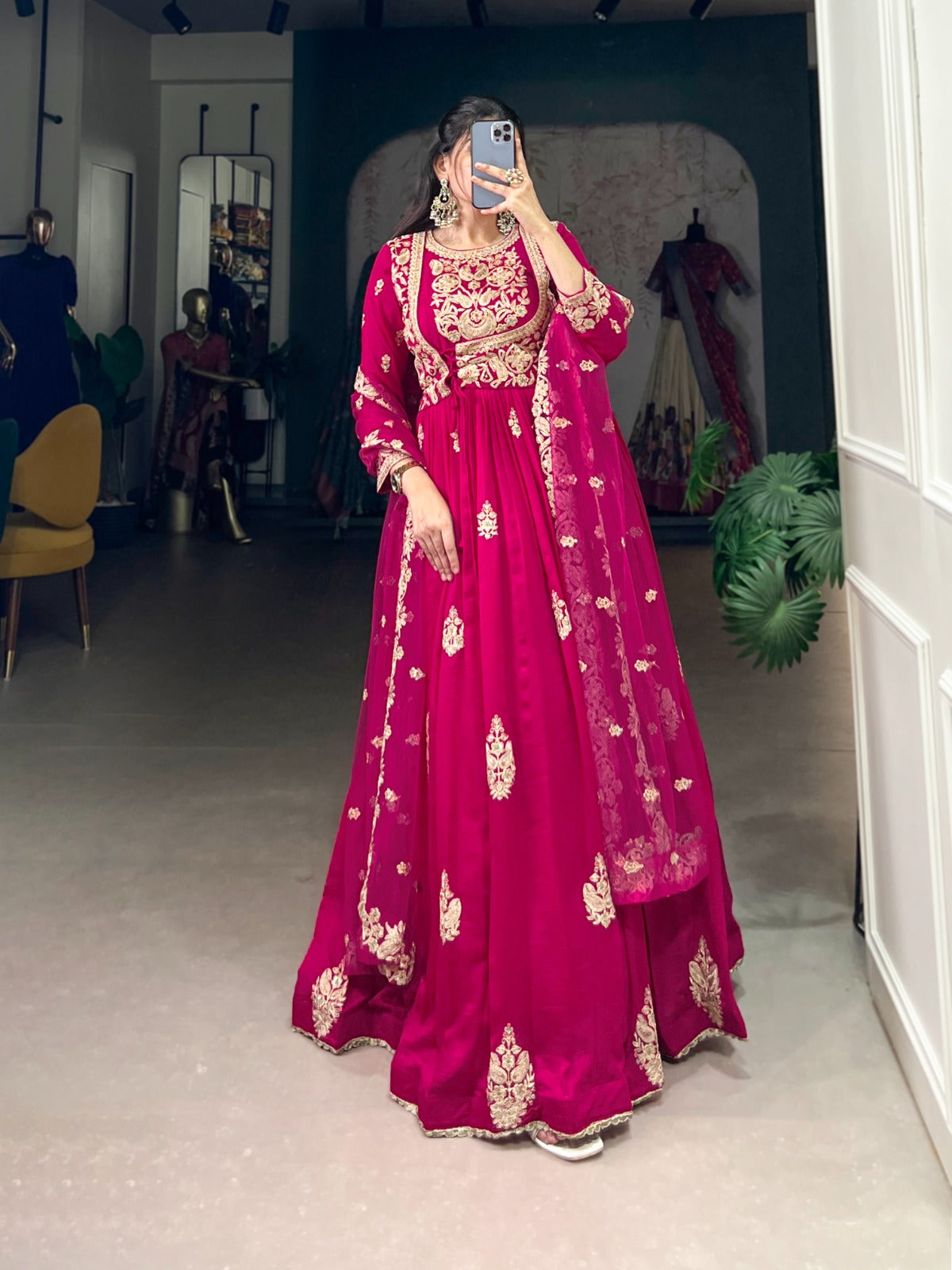 Rani pink color vichitra silk long gown with dupatta