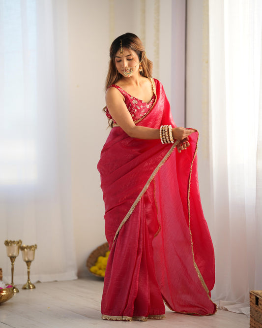 Pure pink color tissue silk saree for women
