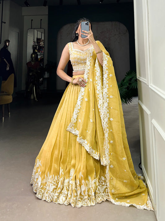 Yellow color gold crush lehenga choli for women
