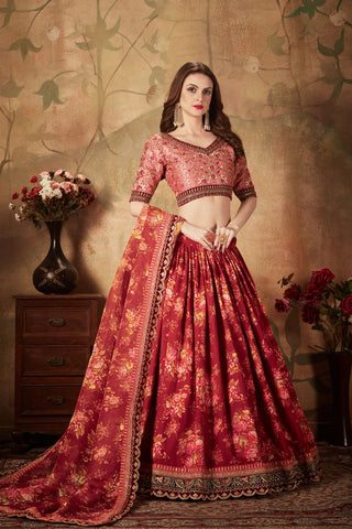 Peach and maroon color heavy organza lehenga choli price