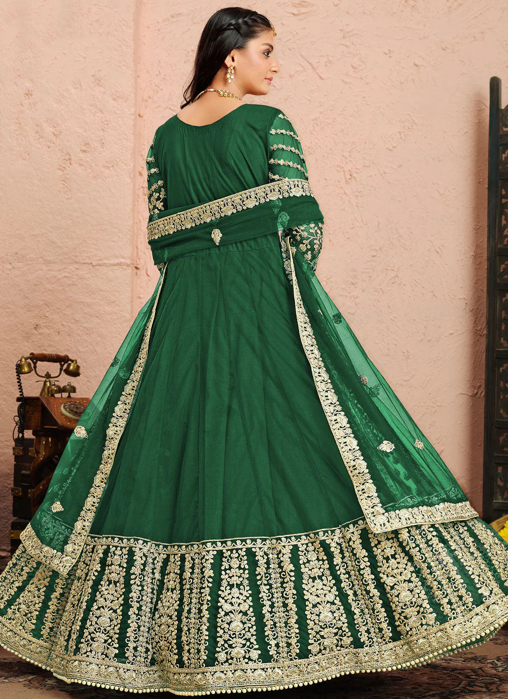 Green color net embroidery work long gown with dupatta