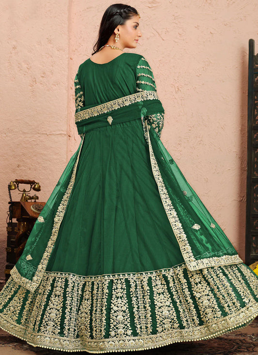 Green color net embroidery work long gown with dupatta