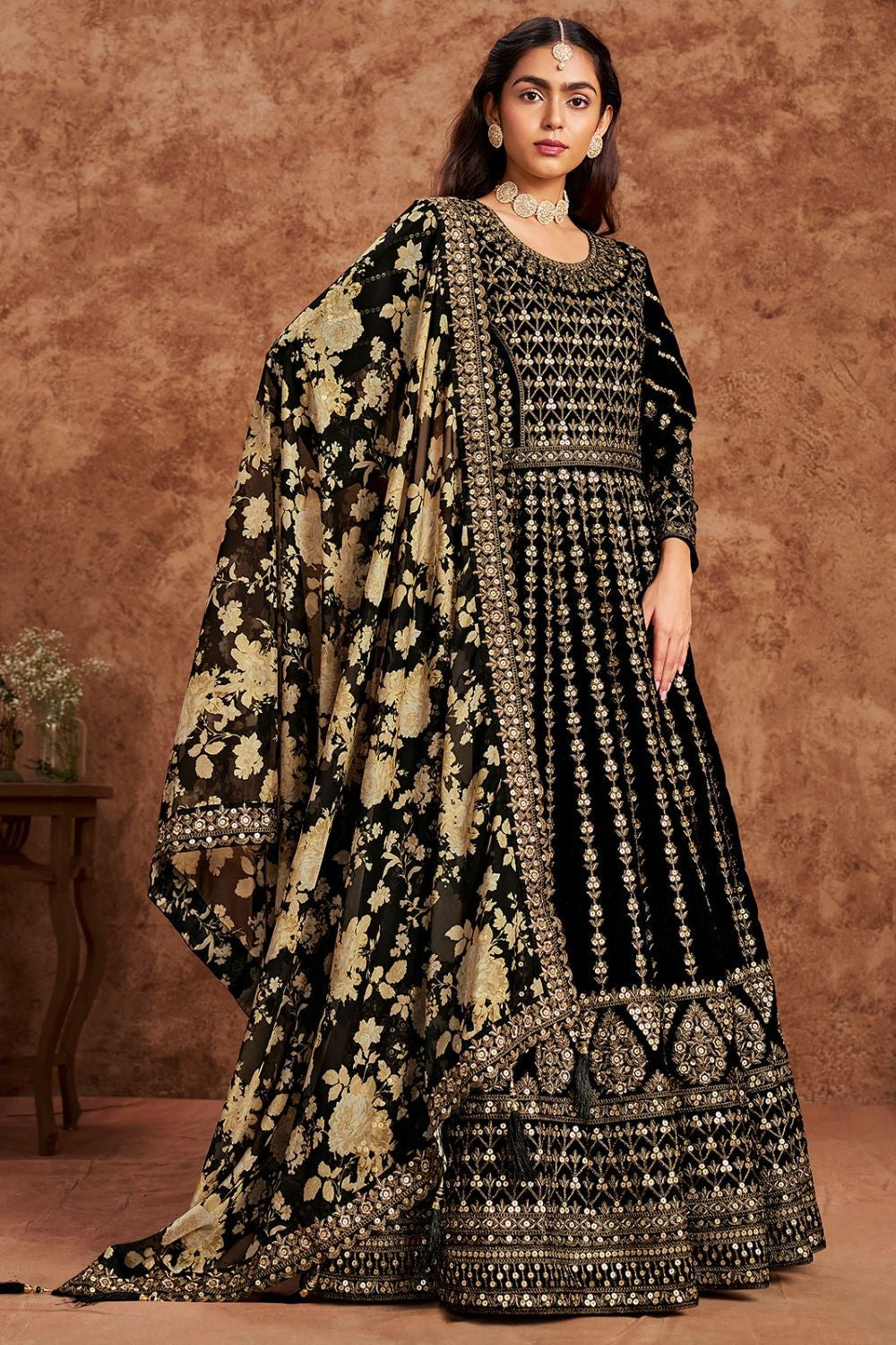 Black color velvet anarkali long gown price 