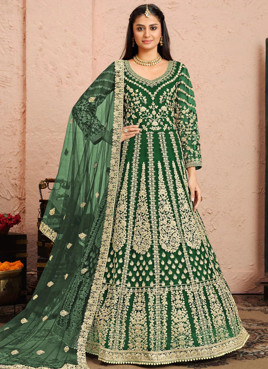 Green color net embroidery work long gown