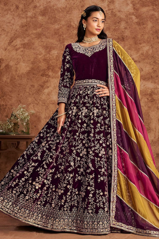 Long sleeve wine color velvet gown for women
