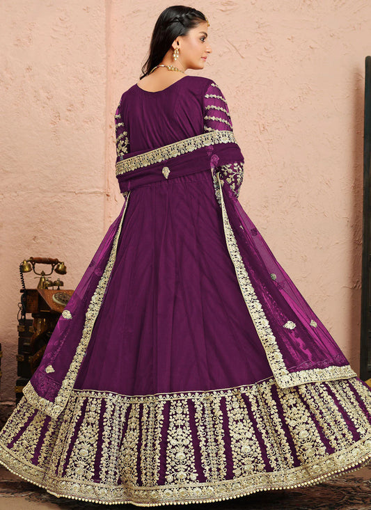 Long sleeve purple color net long gown for women
