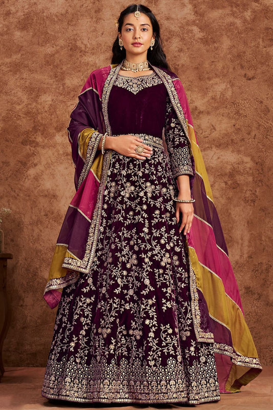 Wine color velvet gown for women
