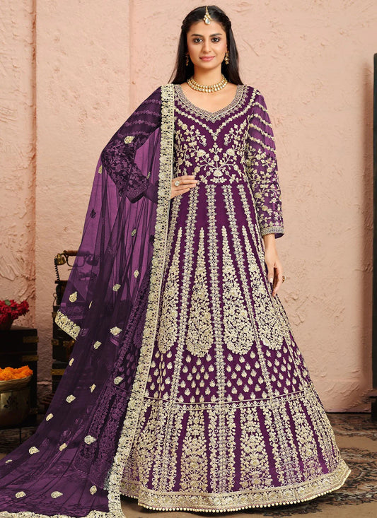 Purple color net long gown for women wedding
