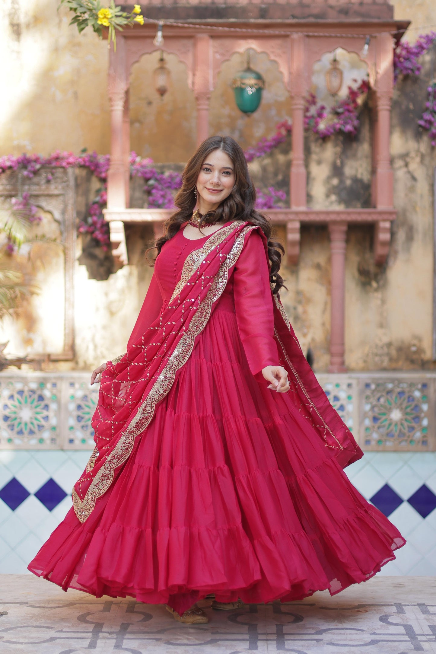 Pink color georgette gown for wedding

