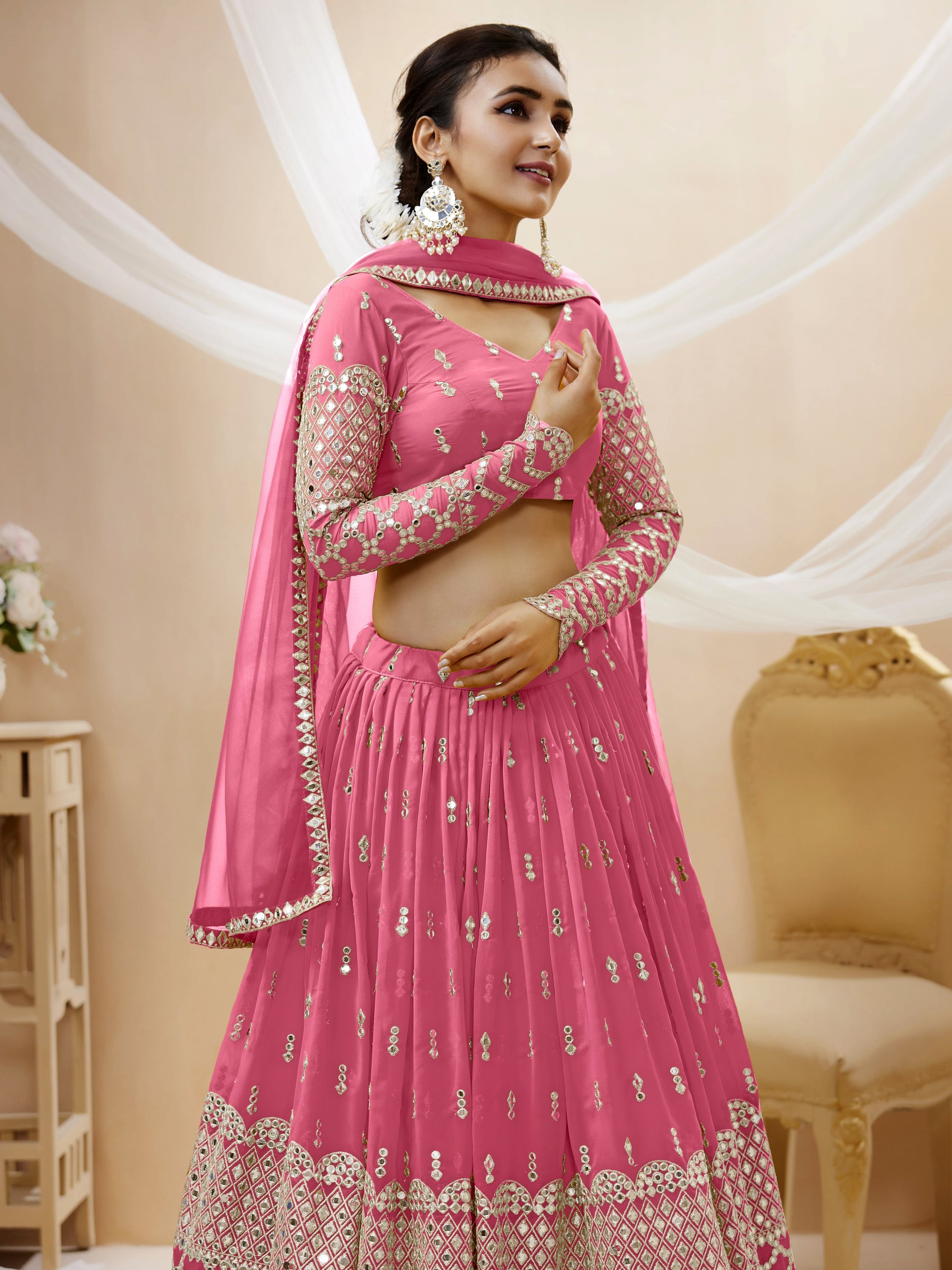 Pink color georgette and sequins zari embroidered work choli online