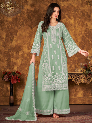 Pista color net sharara suit for women with dupatta
