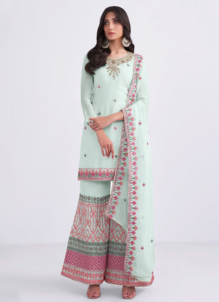 Light blue color georgette sharara suit for women with dupatta
