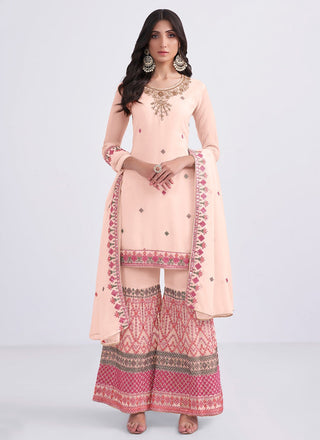 Peach color georgette sharara suit for women with dupatta
