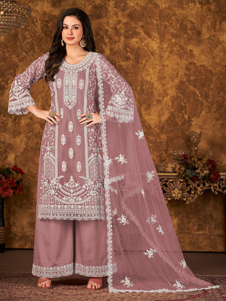 Onion color net sharara suit for women wedding
