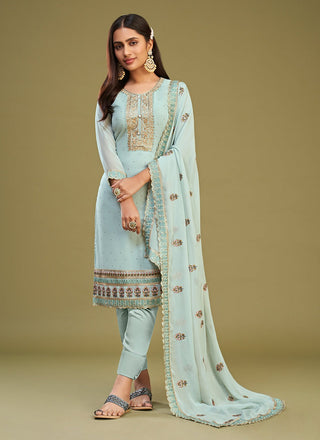 Sky color georgette salwar suit for women with dupatta
