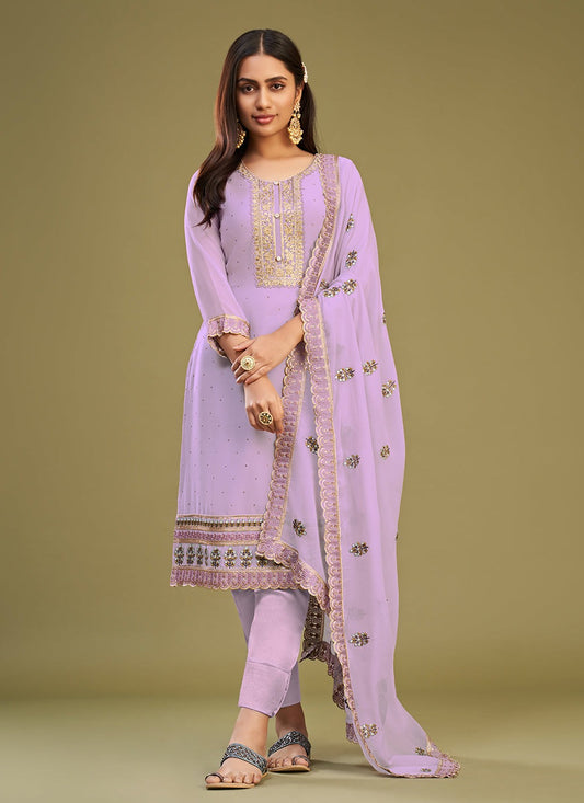 Lavender color georgette salwar suit for women with dupatta
