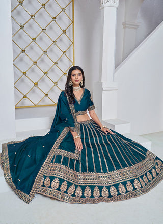 Teal green color art silk embroidery work  lehenga choli