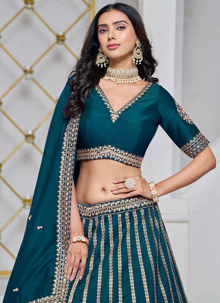 Teal green color art silk lehenga choli with dupatta online