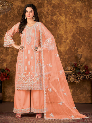 Peach color net sharara suit for women wedding
