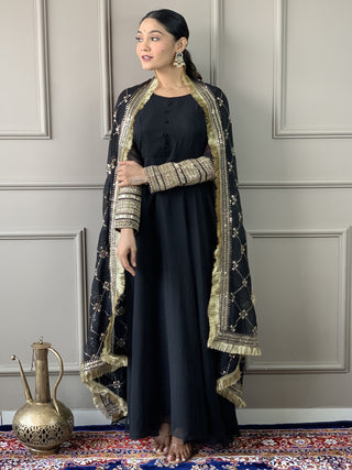 Long sleeve black color georgette gown for women
