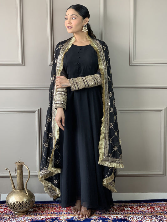 Long sleeve black color georgette gown for women
