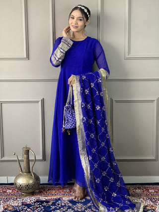 Long blue color georgette gown for women
