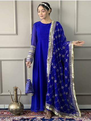 Long sleeve blue color georgette gown for women
