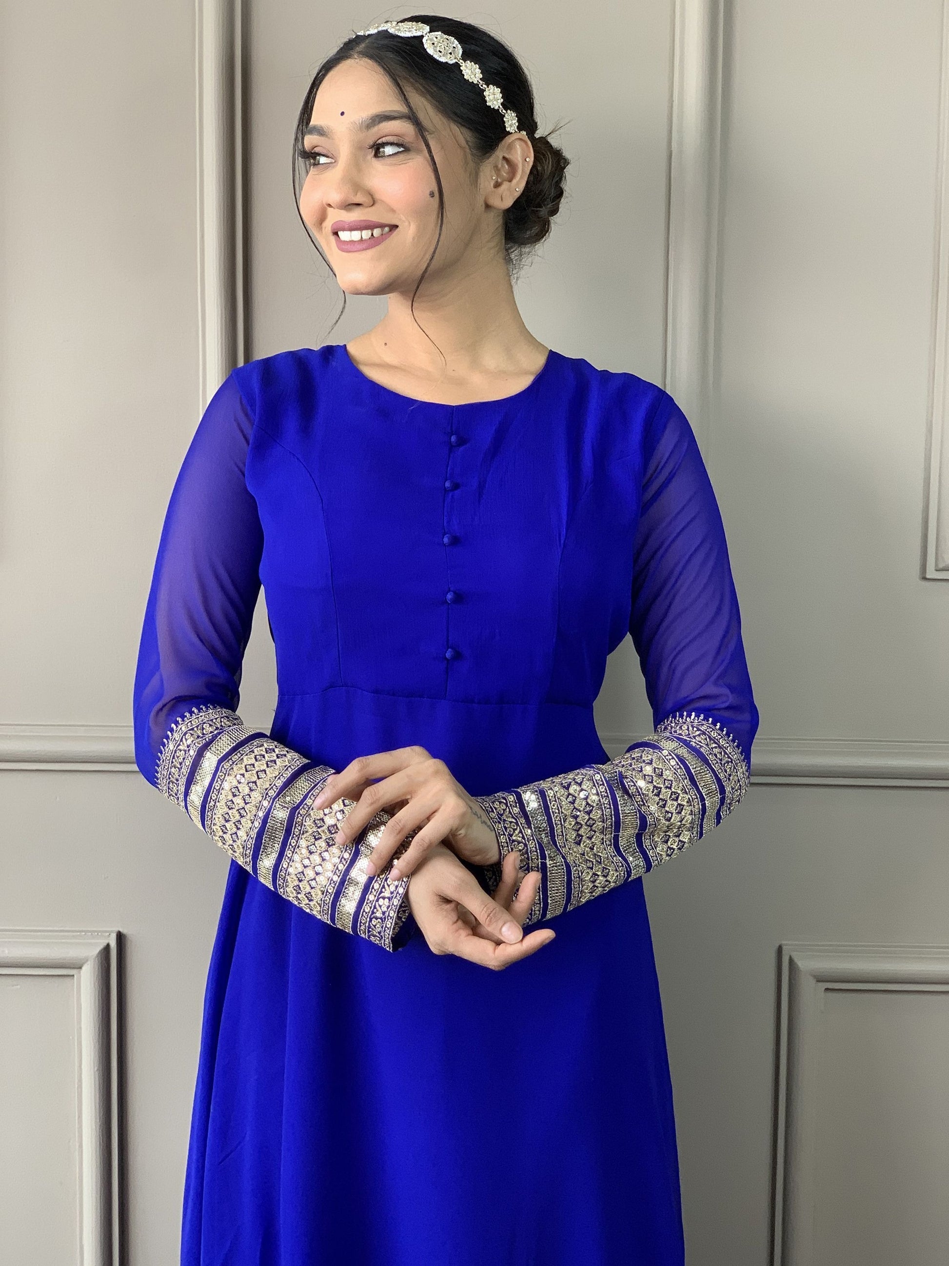Blue color georgette gown for wedding
