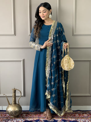 Teal Blue color georgette gown for women