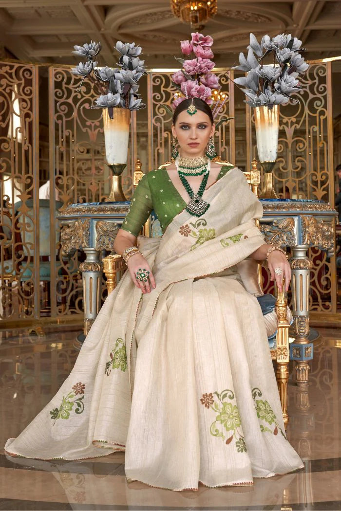 Beige color tussar silk saree for women online
