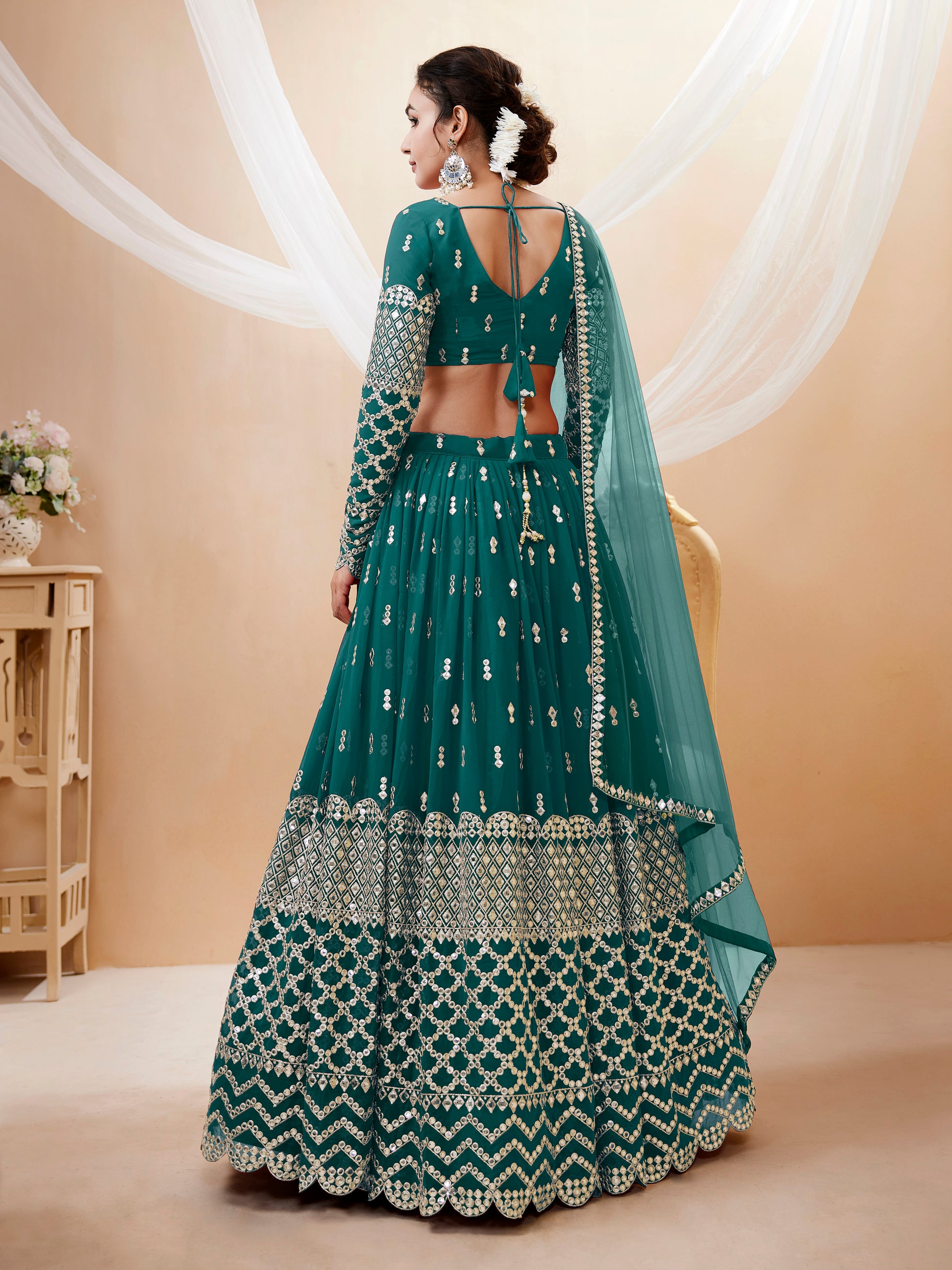 Teal Blue Lehenga with Jewellery