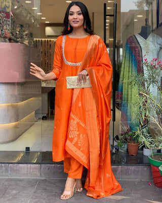 orange color viscose chanderi salwar suit 