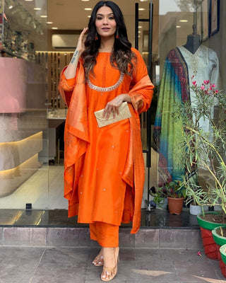 orange color viscose chanderi salwar suit online shopping