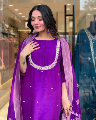 Purple viscose chanderi salwar suit design usa
