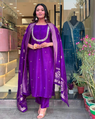 Purple viscose chanderi salwar suit for women with dupatta
