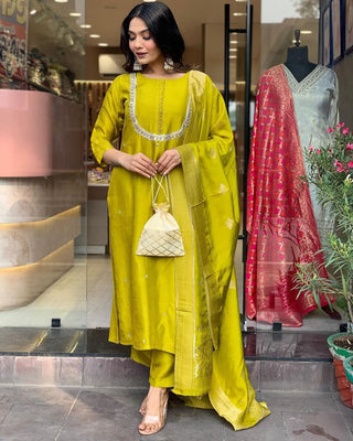 Yellow viscose chanderi salwar suit for women price
