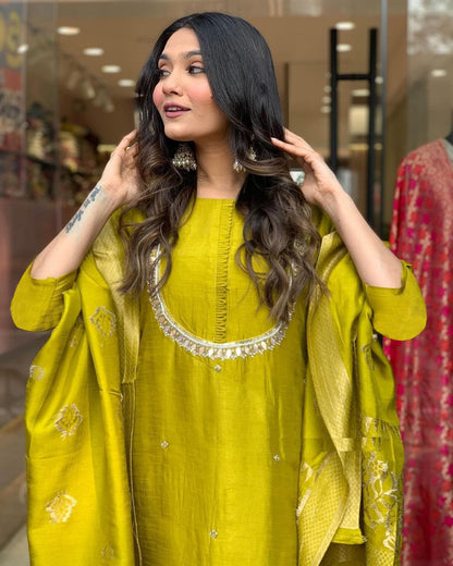 Yellow viscose chanderi salwar suit for wedding
